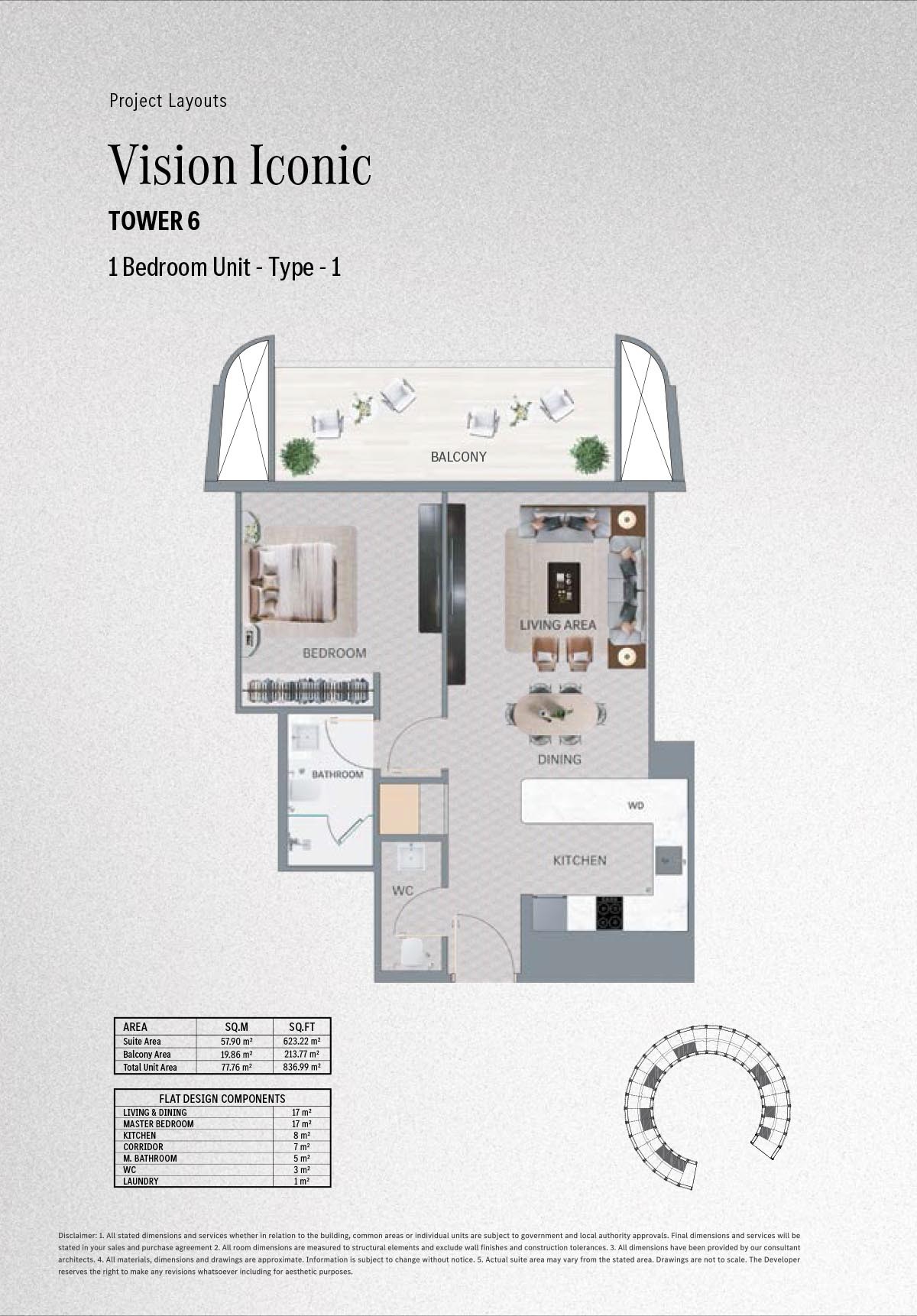 Vision Iconic 1-Bedroom apartment floor plan sample — 689 – 861 sqft